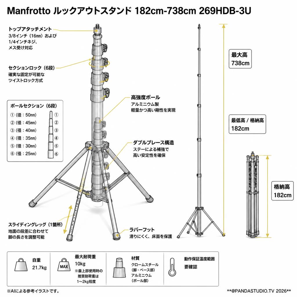 Manfrotto ルックアウトスタンド 182cm-738cm 269HDB-3U【PROKIZAI.COM】 スペック
