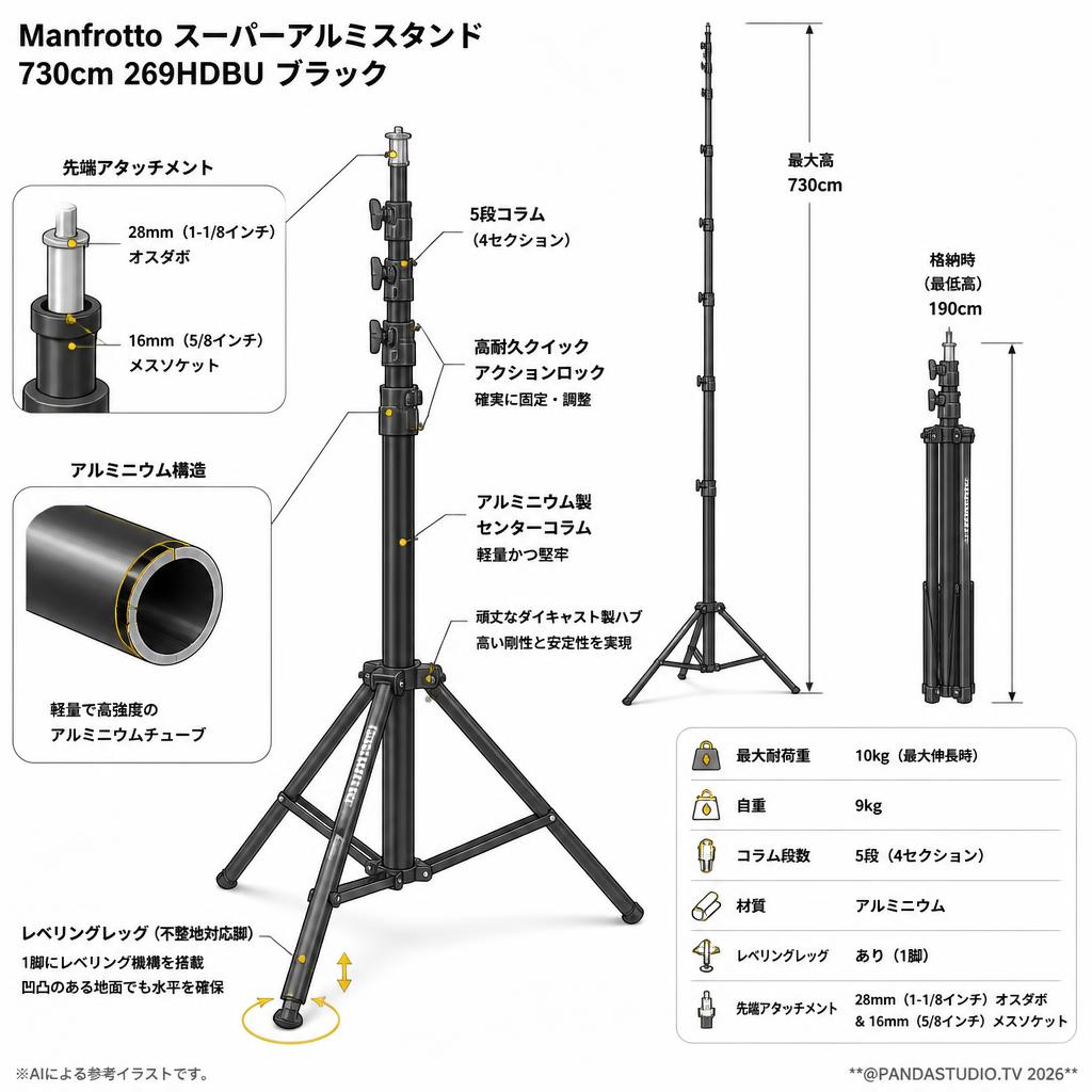 Manfrotto スーパーアルミスタンド 730cm 269HDBU ブラック【PROKIZAI.COM】 スペック