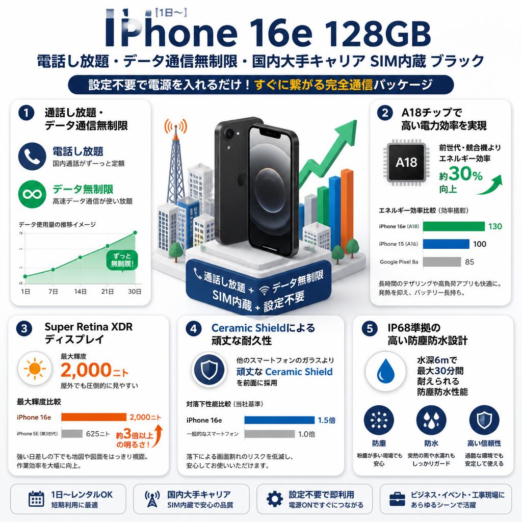 【1日〜】iPhone 16e 128GB 電話し放題・データ通信無制限・国内大手キャリア SIM内蔵 ブラック 『デポジット無し』 セールスポイント