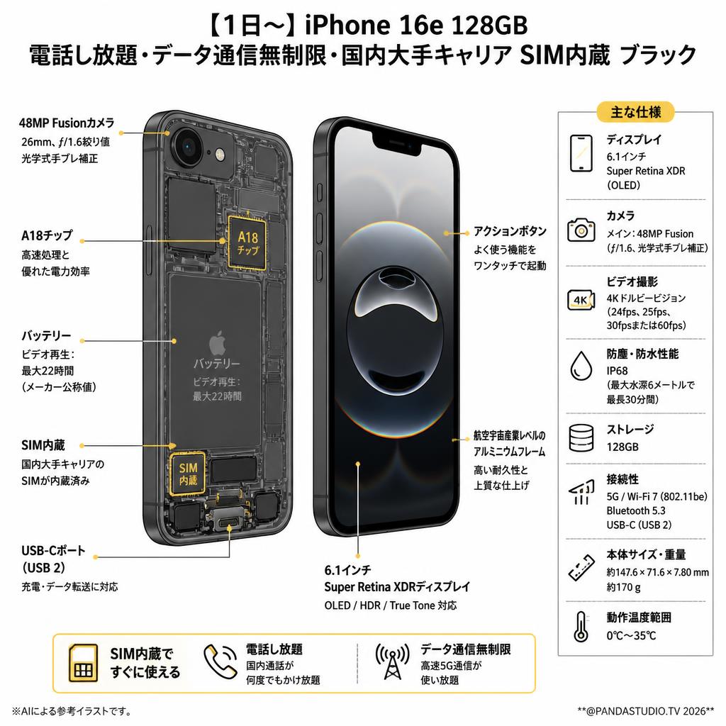 【1日〜】iPhone 16e 128GB 電話し放題・データ通信無制限・国内大手キャリア SIM内蔵 ブラック 『デポジット無し』 スペック