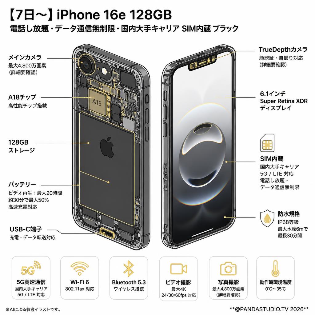 【7日〜】iPhone 16e 128GB 電話し放題・データ通信無制限・国内大手キャリア SIM内蔵 ブラック 『デポジット無し』 スペック