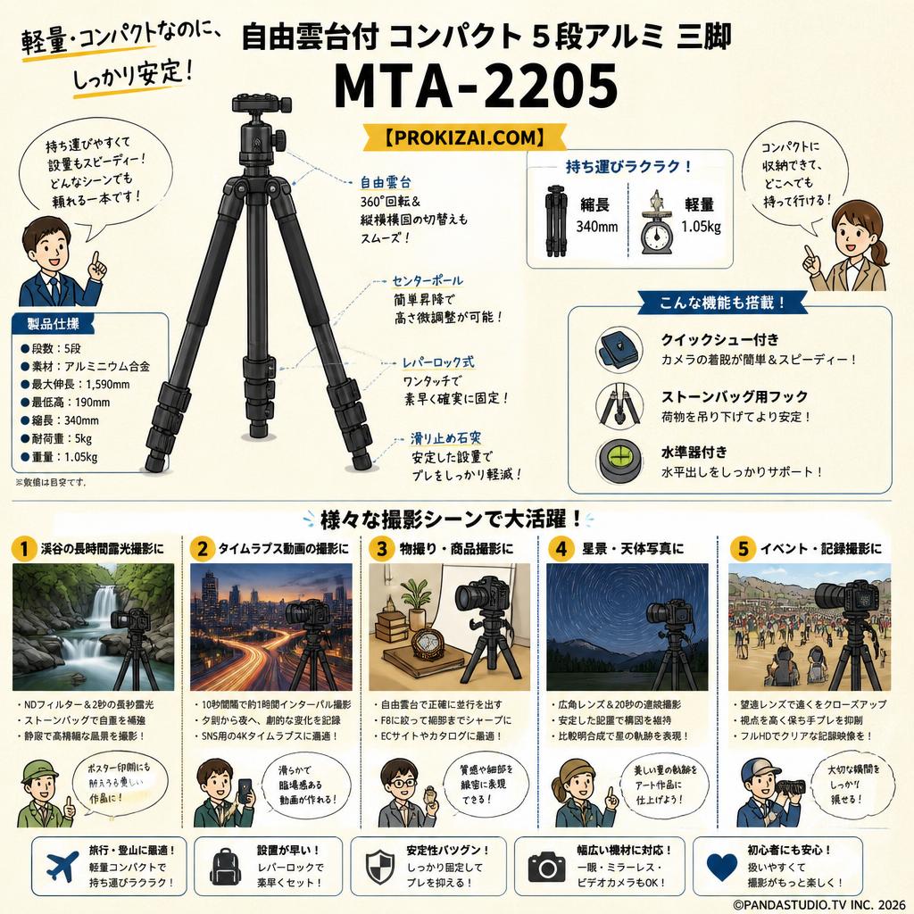 自由雲台付 コンパクト５段アルミ 三脚 MTA-2205 【PROKIZAI.COM】 用途