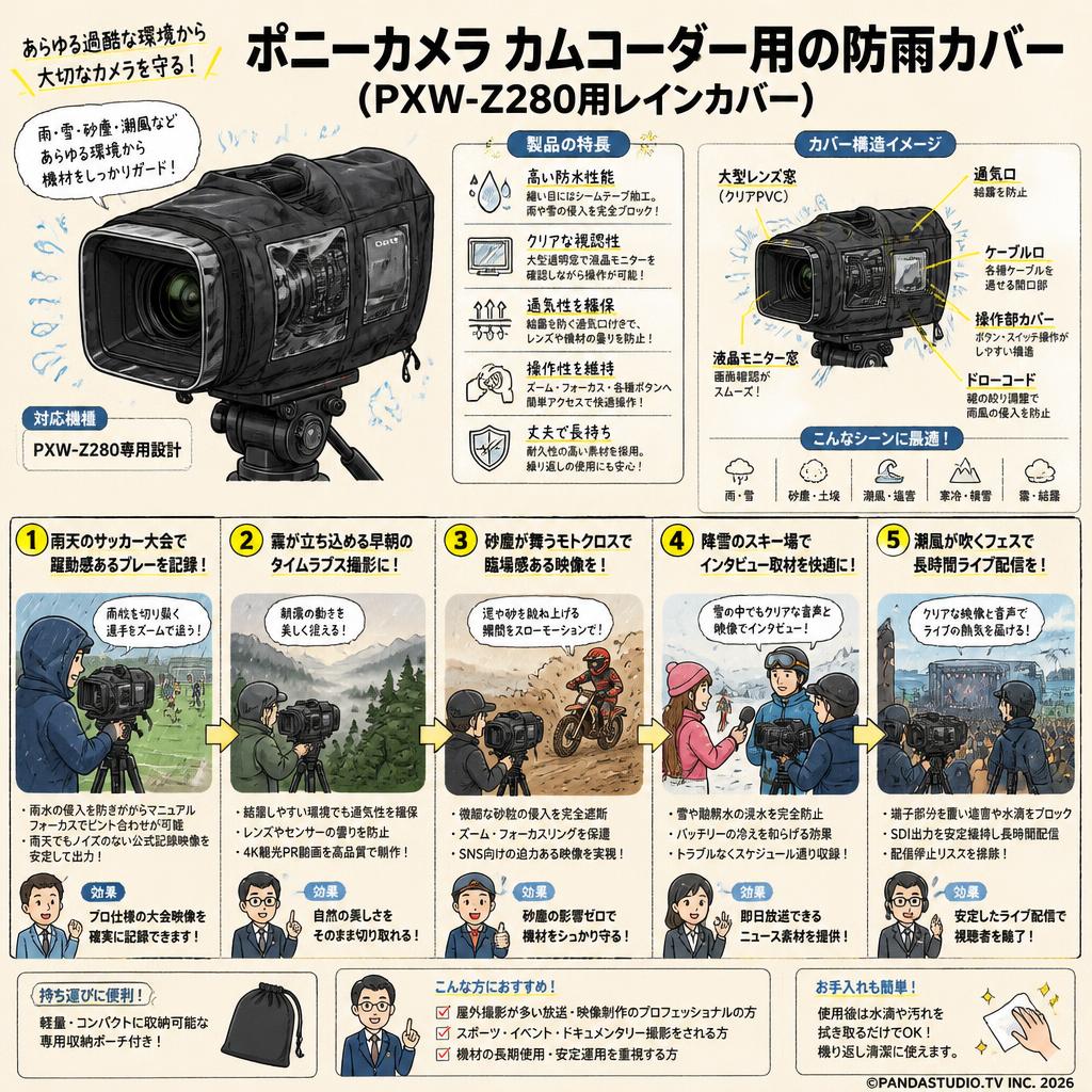 ポニーカメラ カムコーダー用の防雨レインカバー (PXW-Z280用レインカバー) 用途