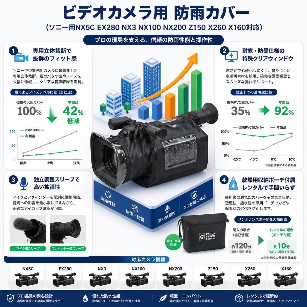 ビデオカメラ用 防雨レインカバー（ソニー用NX5C EX280 NX3 NX100 NX200 Z150 X260 X160対応） セールスポイント