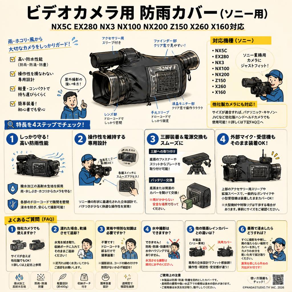 ビデオカメラ用 防雨レインカバー（ソニー用NX5C EX280 NX3 NX100 NX200 Z150 X260 X160対応） FAQ（よくある質問と答え）