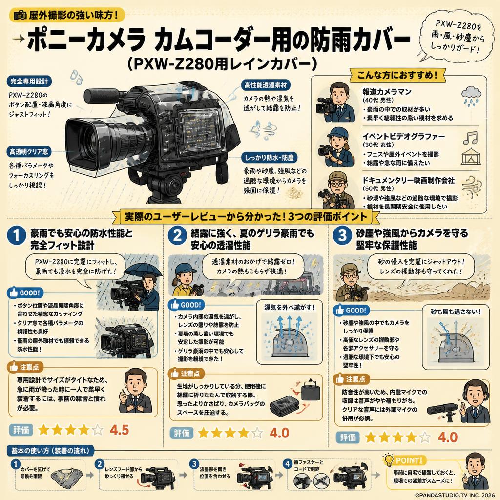 ポニーカメラ カムコーダー用の防雨レインカバー (PXW-Z280用レインカバー) インターネット上のお客様の声（評判）