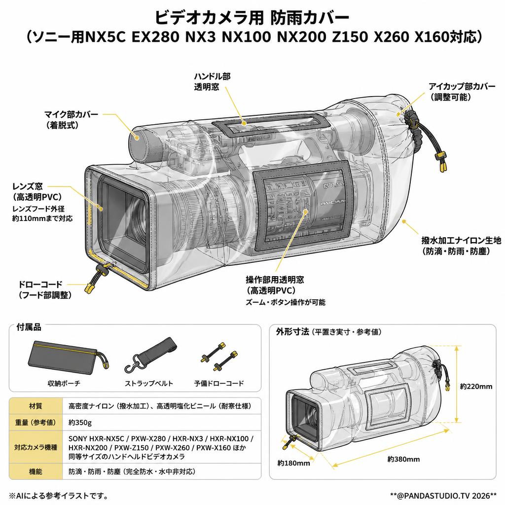 ビデオカメラ用 防雨レインカバー（ソニー用NX5C EX280 NX3 NX100 NX200 Z150 X260 X160対応） スペック