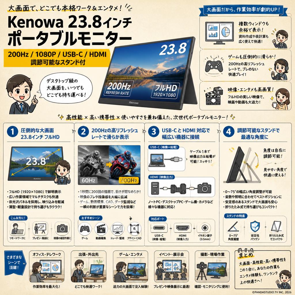 Kenowa 23.8インチ ポータブルモニター 200Hz/1080P/USB-C/HDMI 調節可能なスタンド付 概要