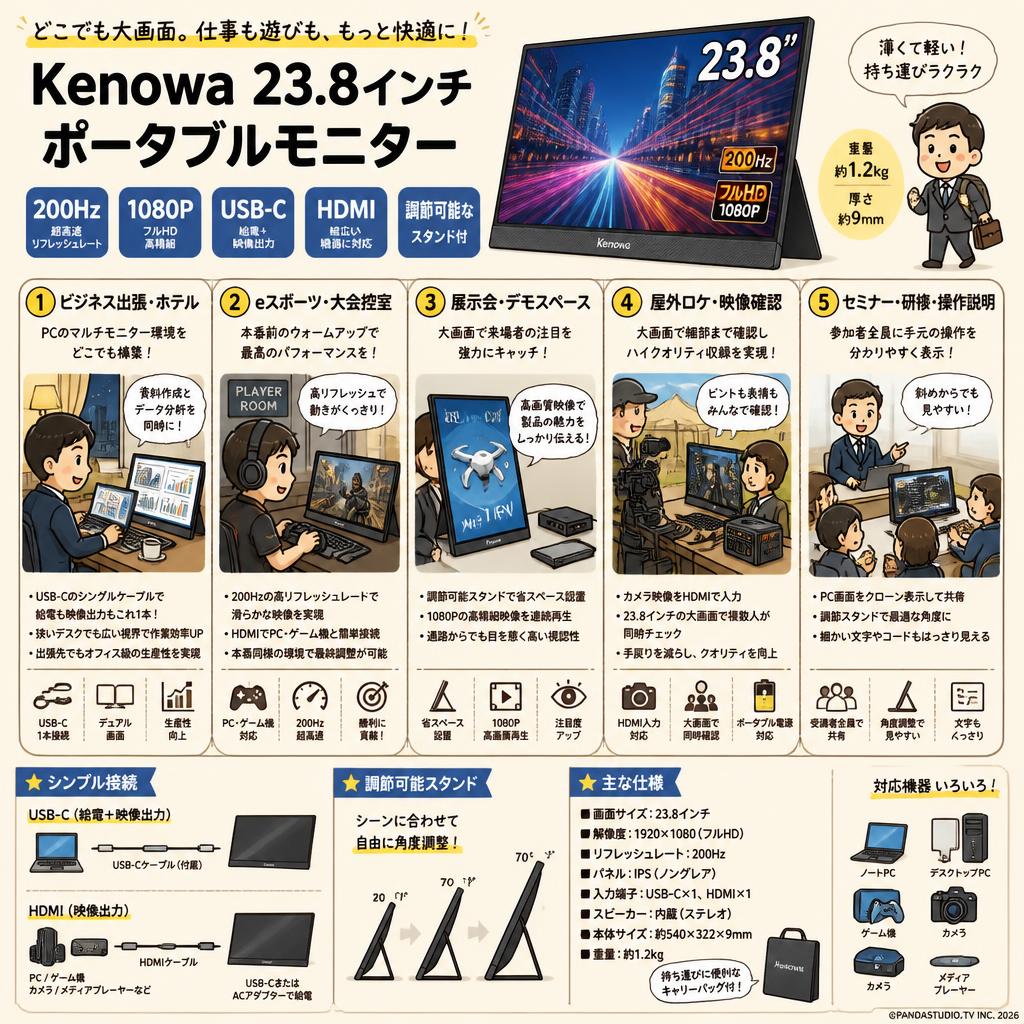 Kenowa 23.8インチ ポータブルモニター 200Hz/1080P/USB-C/HDMI 調節可能なスタンド付 用途