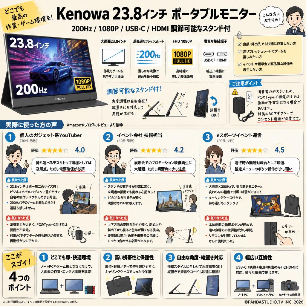 Kenowa 23.8インチ ポータブルモニター 200Hz/1080P/USB-C/HDMI 調節可能なスタンド付 インターネット上のお客様の声（評判）