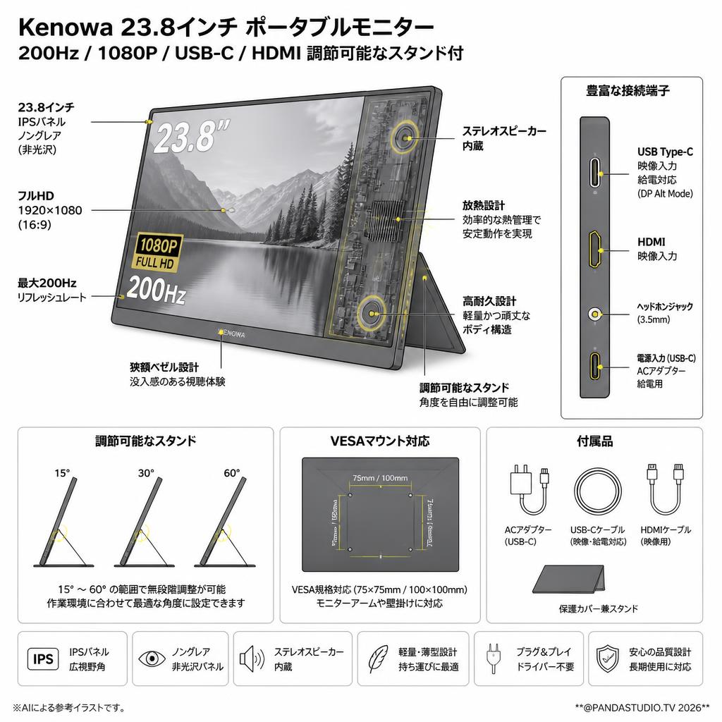 Kenowa 23.8インチ ポータブルモニター 200Hz/1080P/USB-C/HDMI 調節可能なスタンド付 スペック