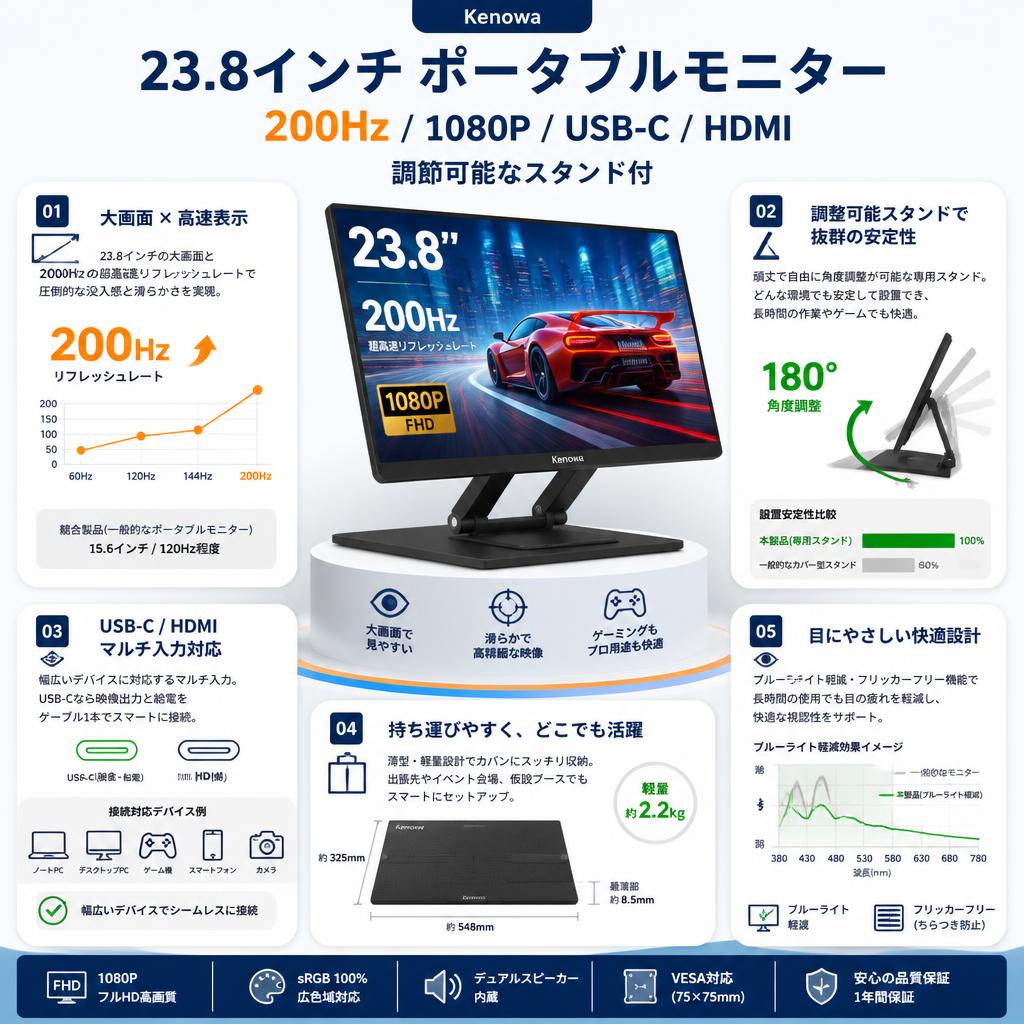 Kenowa 23.8インチ ポータブルモニター 200Hz/1080P/USB-C/HDMI 調節可能なスタンド付 セールスポイント