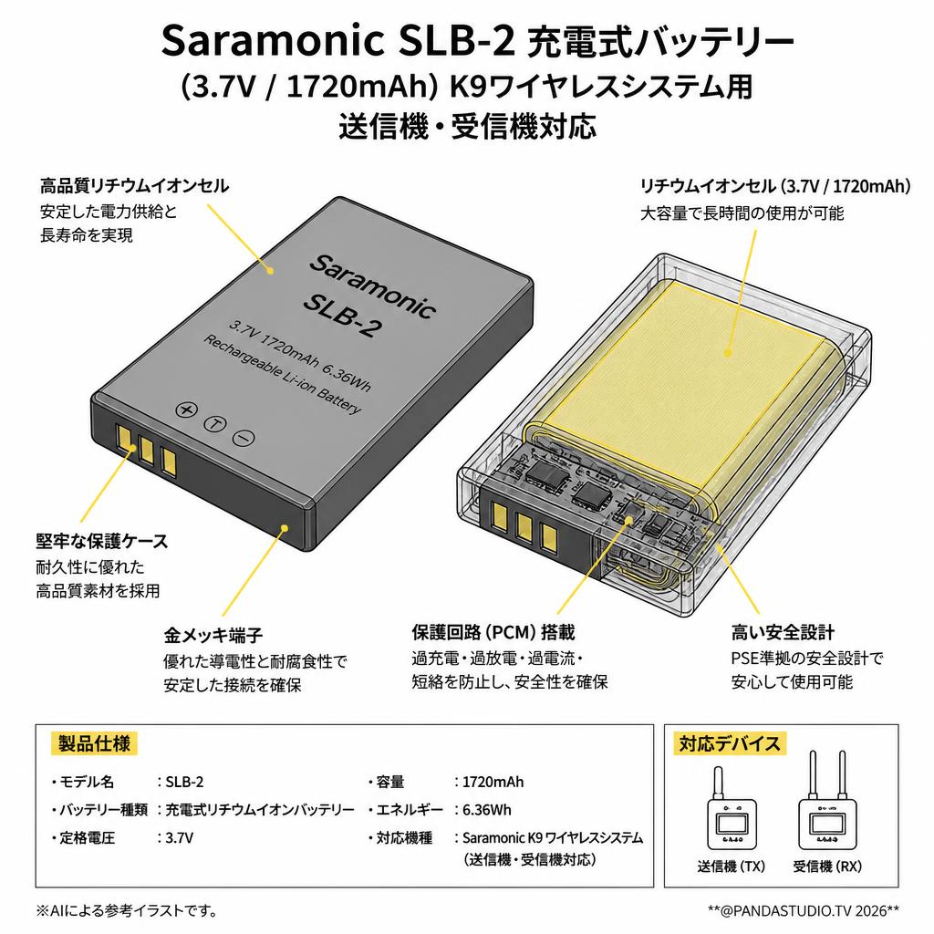 Saramonic SLB-2 充電式バッテリー（3.7V / 1720mAh）K9ワイヤレスシステム用 送信機・受信機対応 スペック