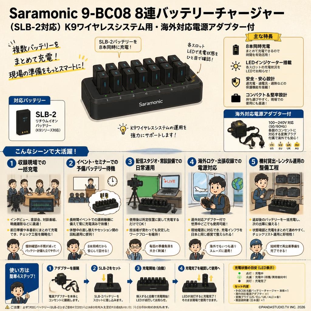 Saramonic 9-BC08 8連バッテリーチャージャー（SLB-2対応）K9ワイヤレスシステム用・海外対応電源アダプター付 用途