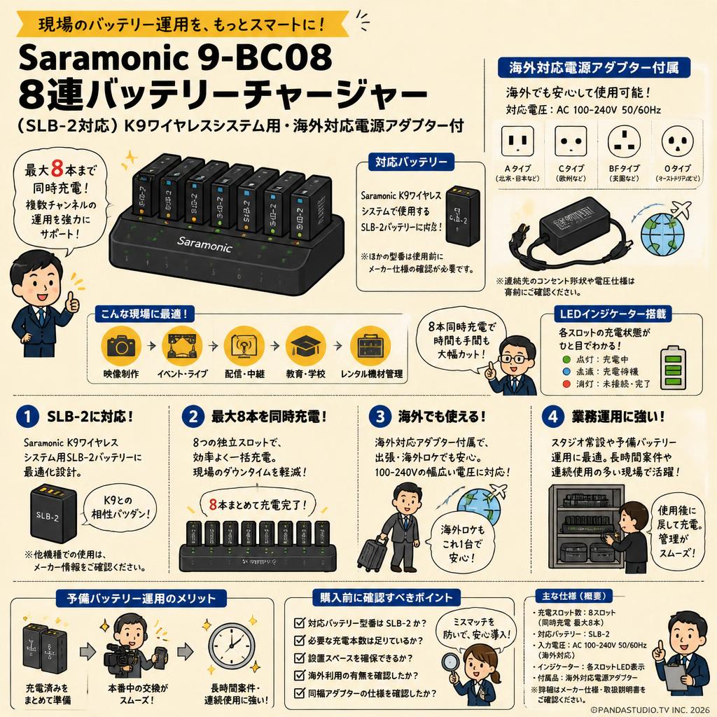 Saramonic 9-BC08 8連バッテリーチャージャー（SLB-2対応）K9ワイヤレスシステム用・海外対応電源アダプター付 FAQ（よくある質問と答え）