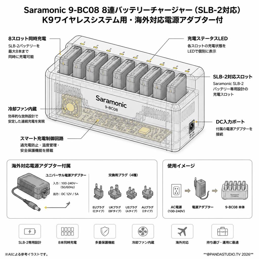 Saramonic 9-BC08 8連バッテリーチャージャー（SLB-2対応）K9ワイヤレスシステム用・海外対応電源アダプター付 スペック