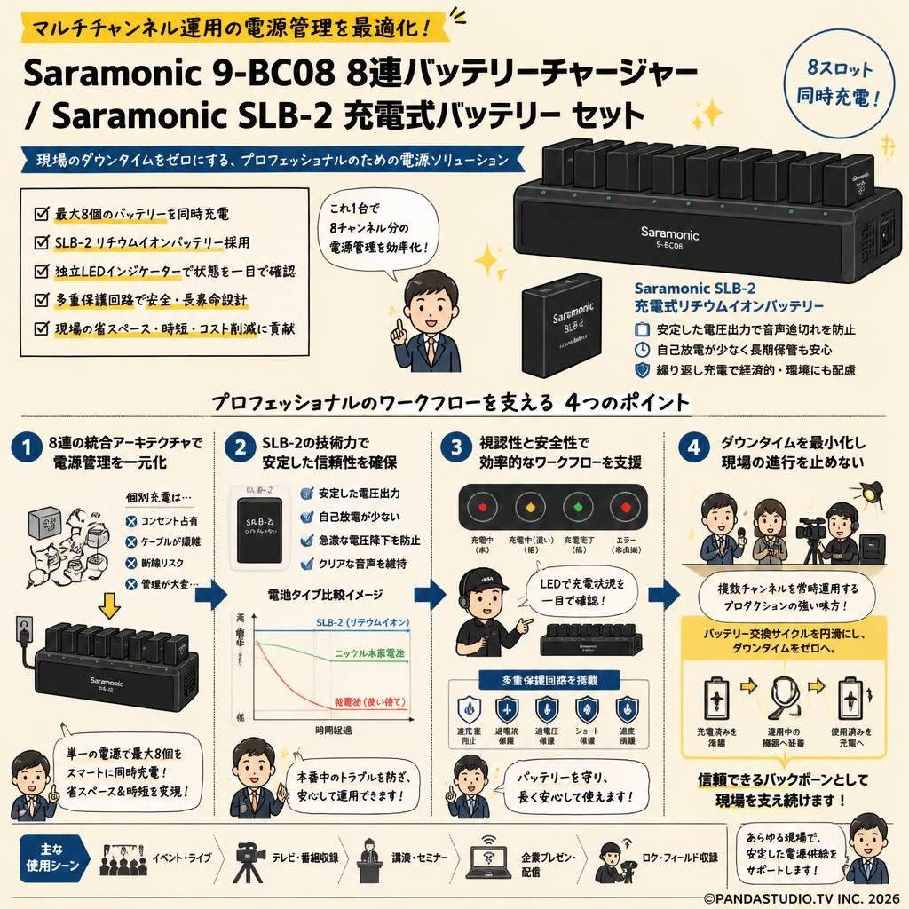Saramonic 9-BC08 8連バッテリーチャージャー / Saramonic SLB-2 充電式バッテリー セット 概要