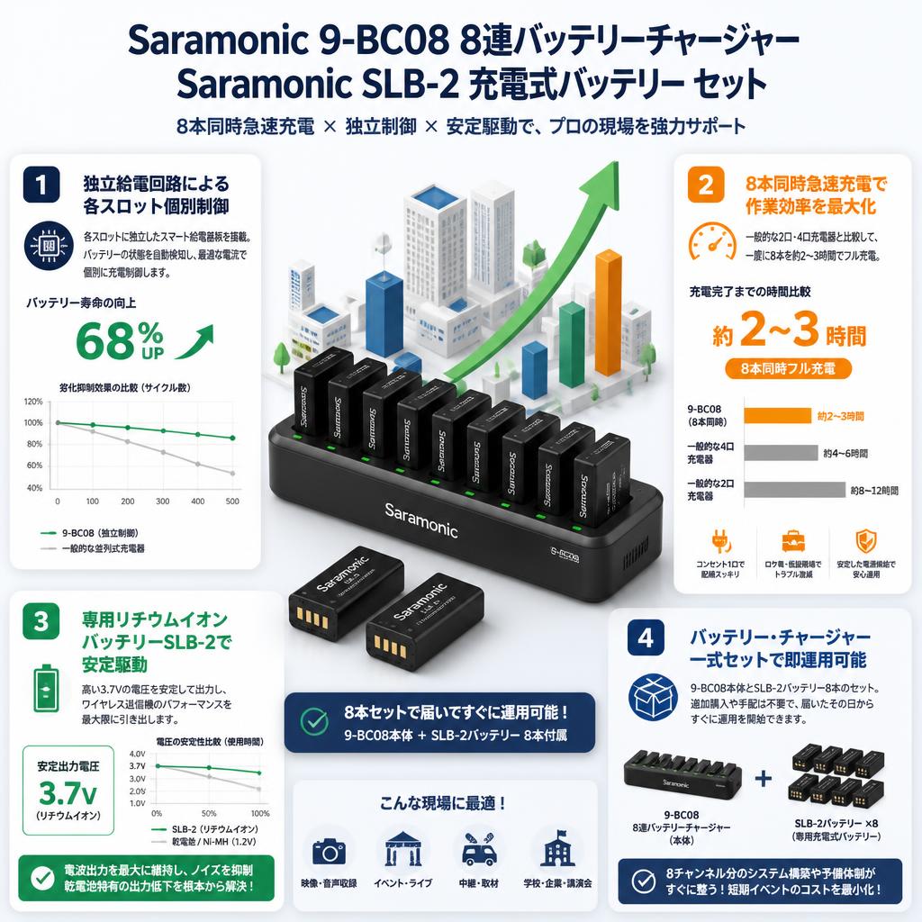 Saramonic 9-BC08 8連バッテリーチャージャー / Saramonic SLB-2 充電式バッテリー セット セールスポイント