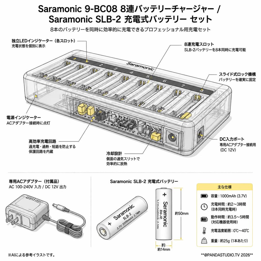 Saramonic 9-BC08 8連バッテリーチャージャー / Saramonic SLB-2 充電式バッテリー セット スペック