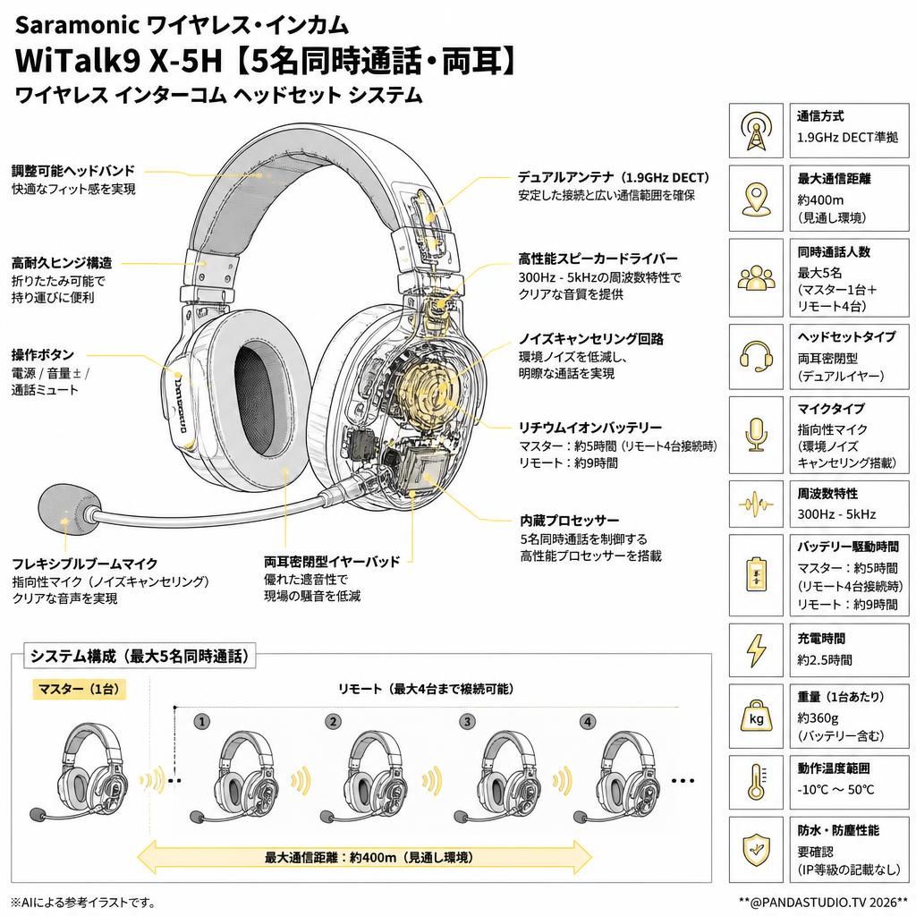 Saramonic ワイヤレス・インカム  WiTalk WiTalk9 X-5H【5名同時通話・両耳】ワイヤレス インターコム ヘッドセット システム スペック