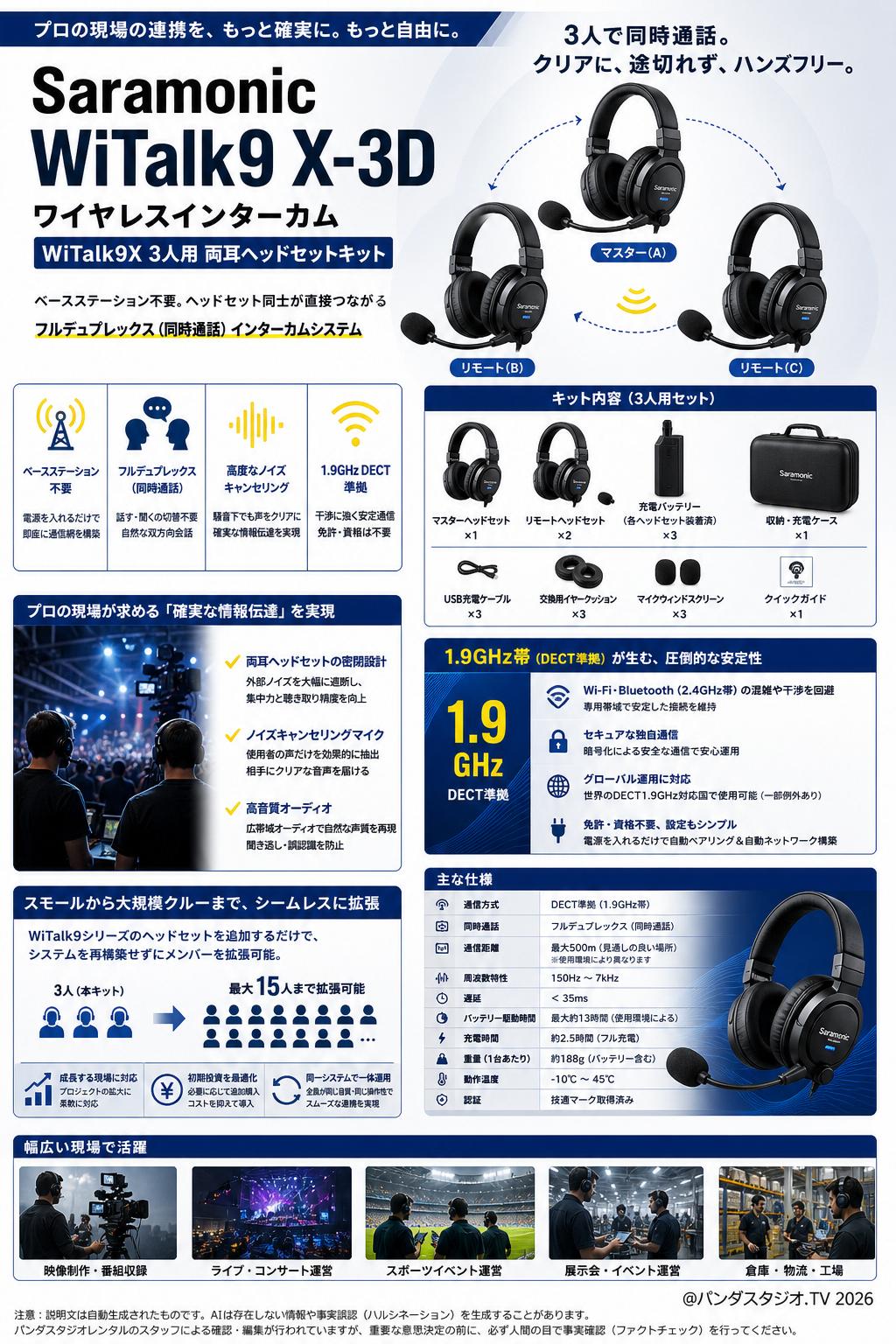 Saramonic WiTalk9 X-3D ワイヤレスインターカム WiTalk9X 3人用 両耳ヘッドセットキット 概要