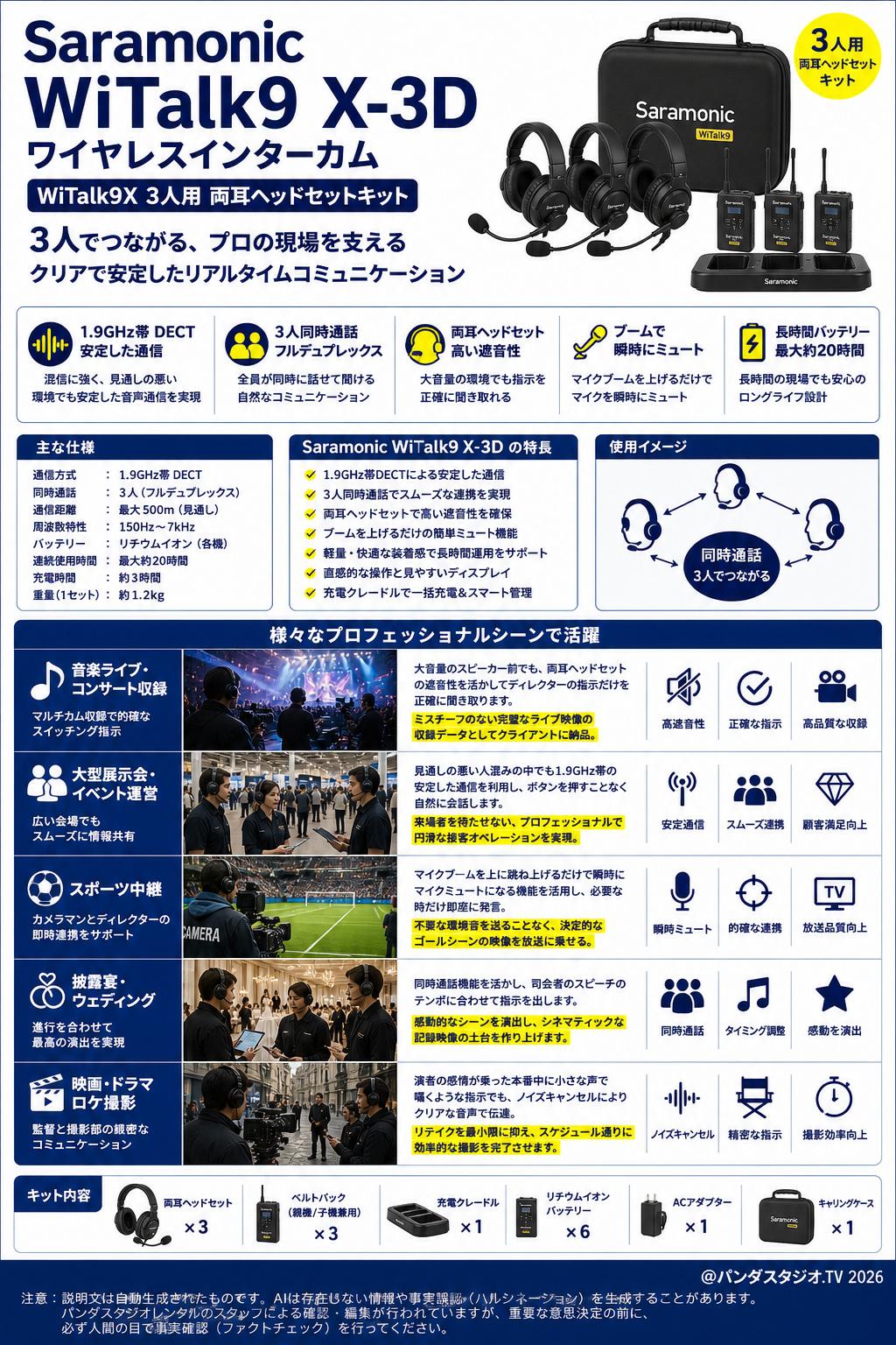 Saramonic WiTalk9 X-3D ワイヤレスインターカム WiTalk9X 3人用 両耳ヘッドセットキット 用途