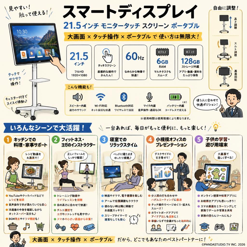 Smart display 21.5 インチ モニタータッチ スクリーン ポータブル 60Hz / 6GB RAM / 128GB ストレージ内蔵スタンド付き 用途