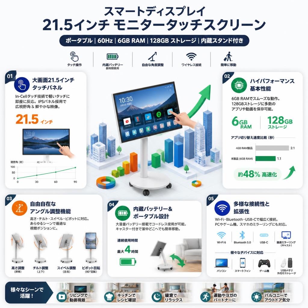 Smart display 21.5 インチ モニタータッチ スクリーン ポータブル 60Hz / 6GB RAM / 128GB ストレージ内蔵スタンド付き セールスポイント