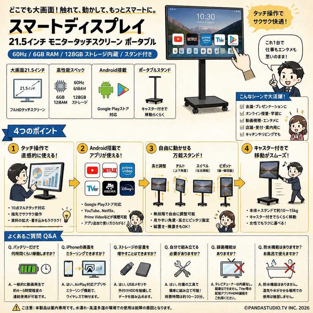 Smart display 21.5 インチ モニタータッチ スクリーン ポータブル 60Hz / 6GB RAM / 128GB ストレージ内蔵スタンド付き FAQ（よくある質問と答え）
