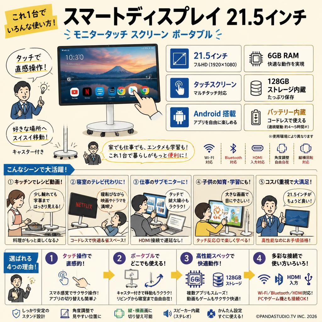 Smart display 21.5 インチ モニタータッチ スクリーン ポータブル 60Hz / 6GB RAM / 128GB ストレージ内蔵スタンド付き インターネット上のお客様の声（評判）