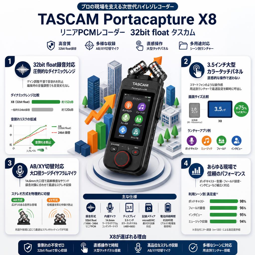 TASCAM Portacapture X8 リニアPCMレコーダー　32bit float タスカム セールスポイント