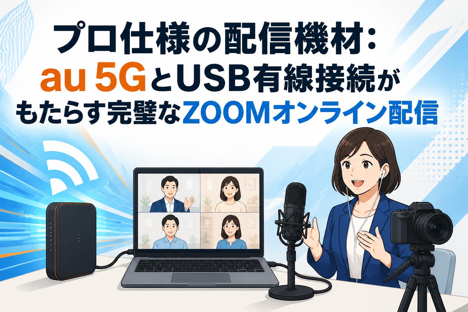 プロ仕様の配信機材：au 5GとUSB有線接続がもたらす完璧なZOOMオンライン配信