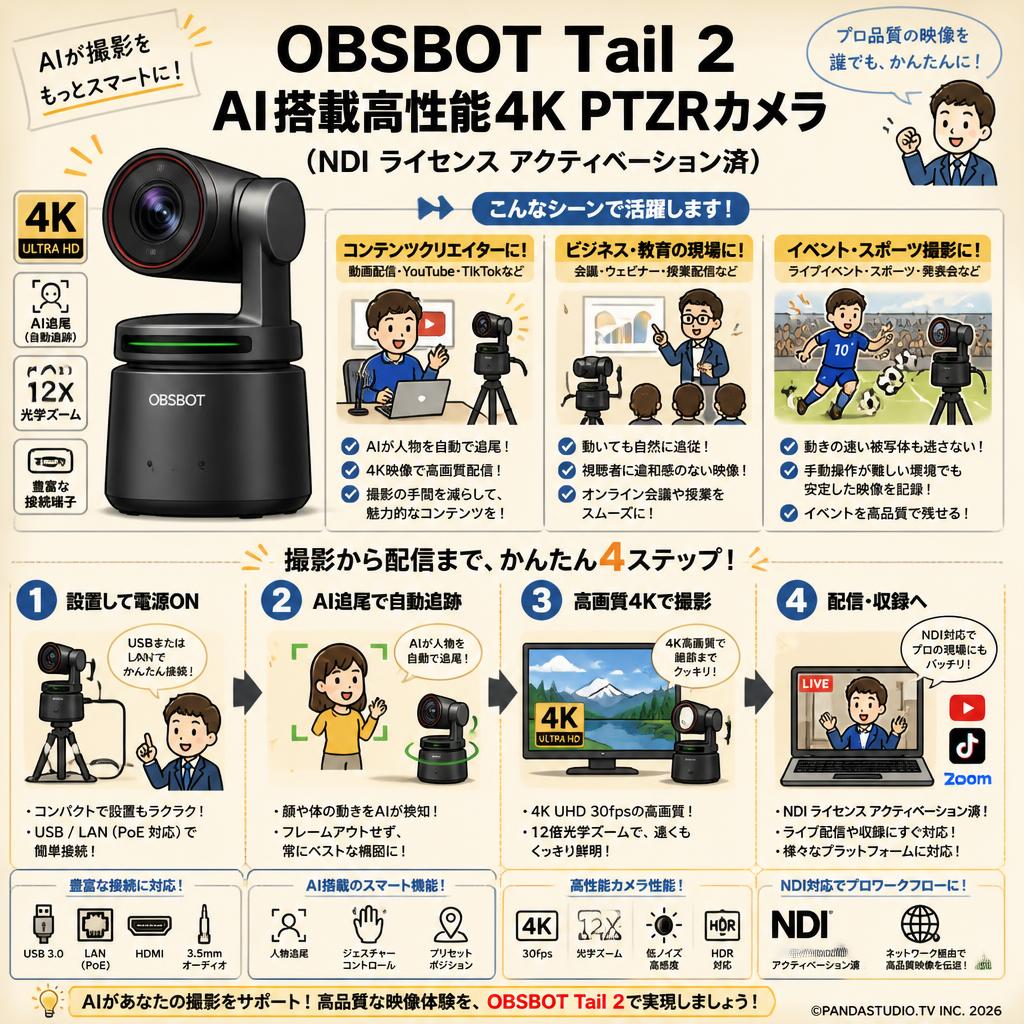 OBSBOT Tail 2 AI搭載高性能4K PTZRカメラ（NDI ライセンス アクティベーション済） おもな対象のお客様