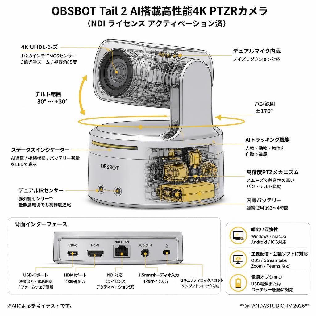 OBSBOT Tail 2 AI搭載高性能4K PTZRカメラ（NDI ライセンス アクティベーション済） スペック