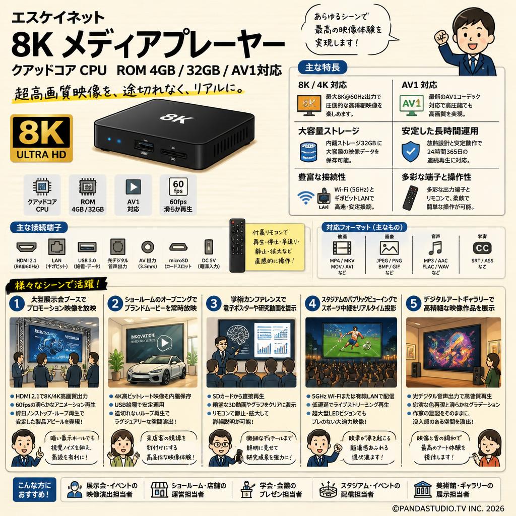 エスケイネット 8K メディアプレーヤー クアッドコア CPU ROM 4GB / 32GB / AV1対応 用途