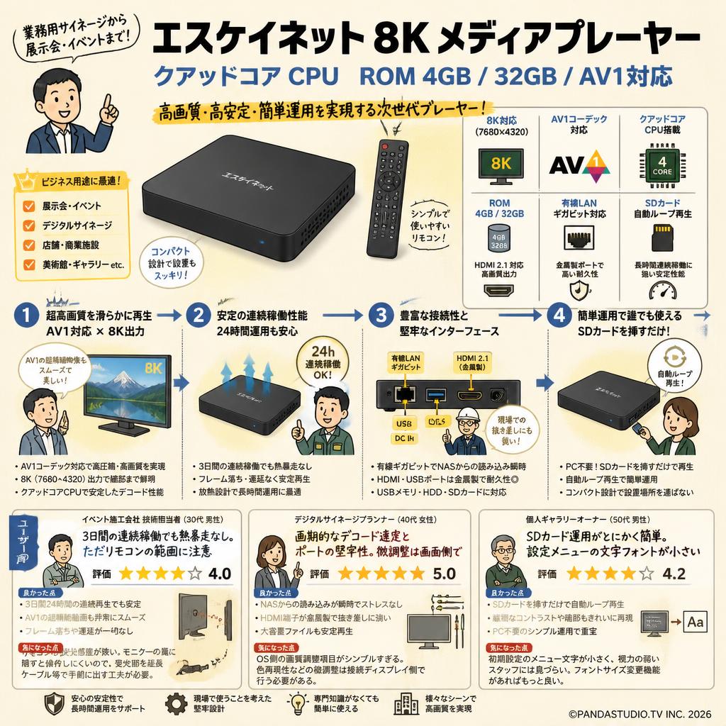 エスケイネット 8K メディアプレーヤー クアッドコア CPU ROM 4GB / 32GB / AV1対応 インターネット上のお客様の声（評判）
