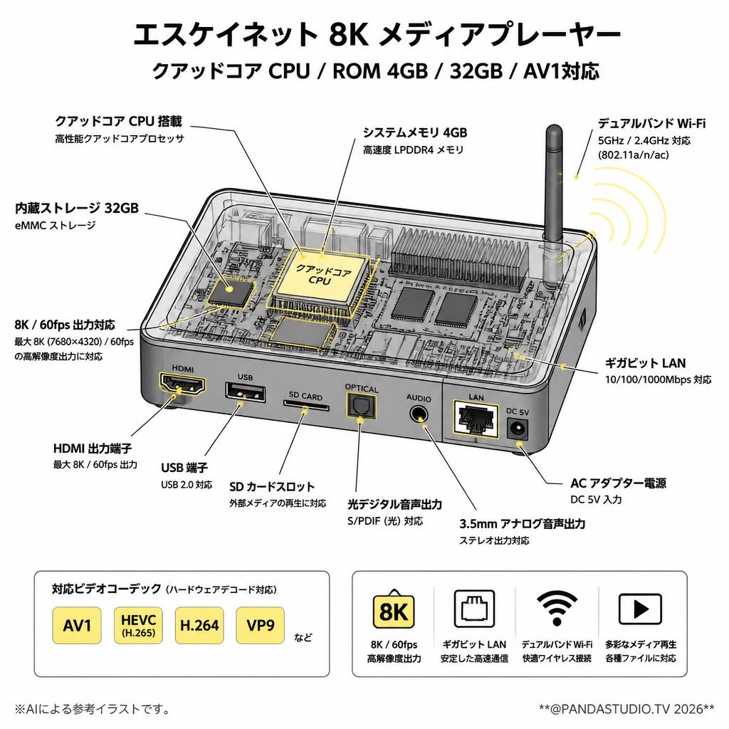 エスケイネット 8K メディアプレーヤー クアッドコア CPU ROM 4GB / 32GB / AV1対応 スペック