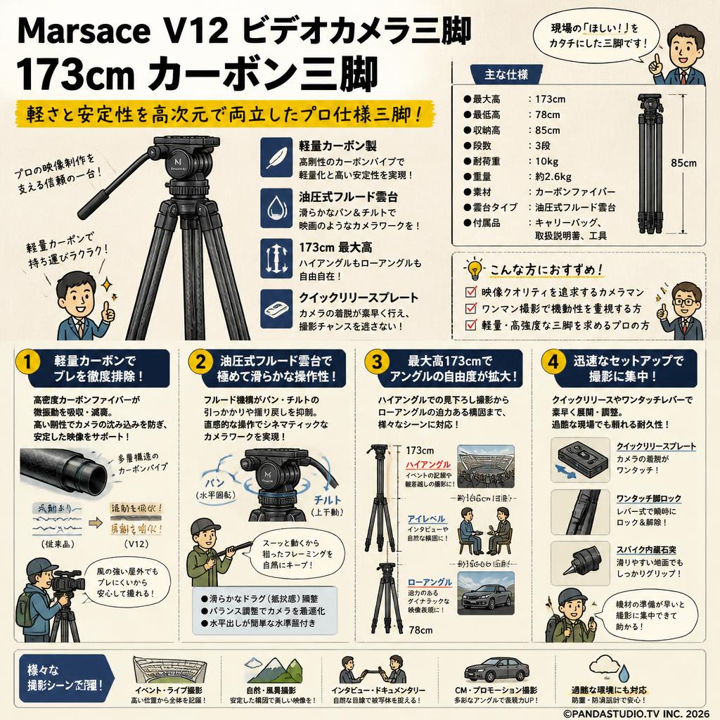 Marsace V12 ビデオカメラ三脚  173cm カーボン三脚 概要