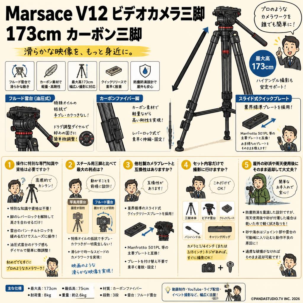 Marsace V12 ビデオカメラ三脚  173cm カーボン三脚 FAQ（よくある質問と答え）
