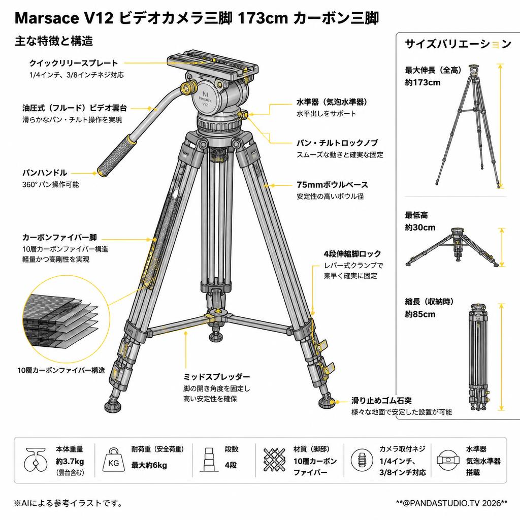Marsace V12 ビデオカメラ三脚  173cm カーボン三脚 スペック