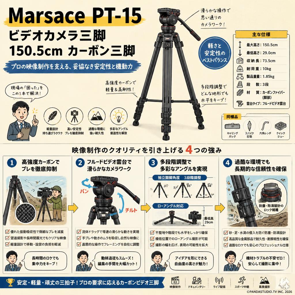 Marsace PT-15 ビデオカメラ三脚  150.5cm カーボン三脚 概要