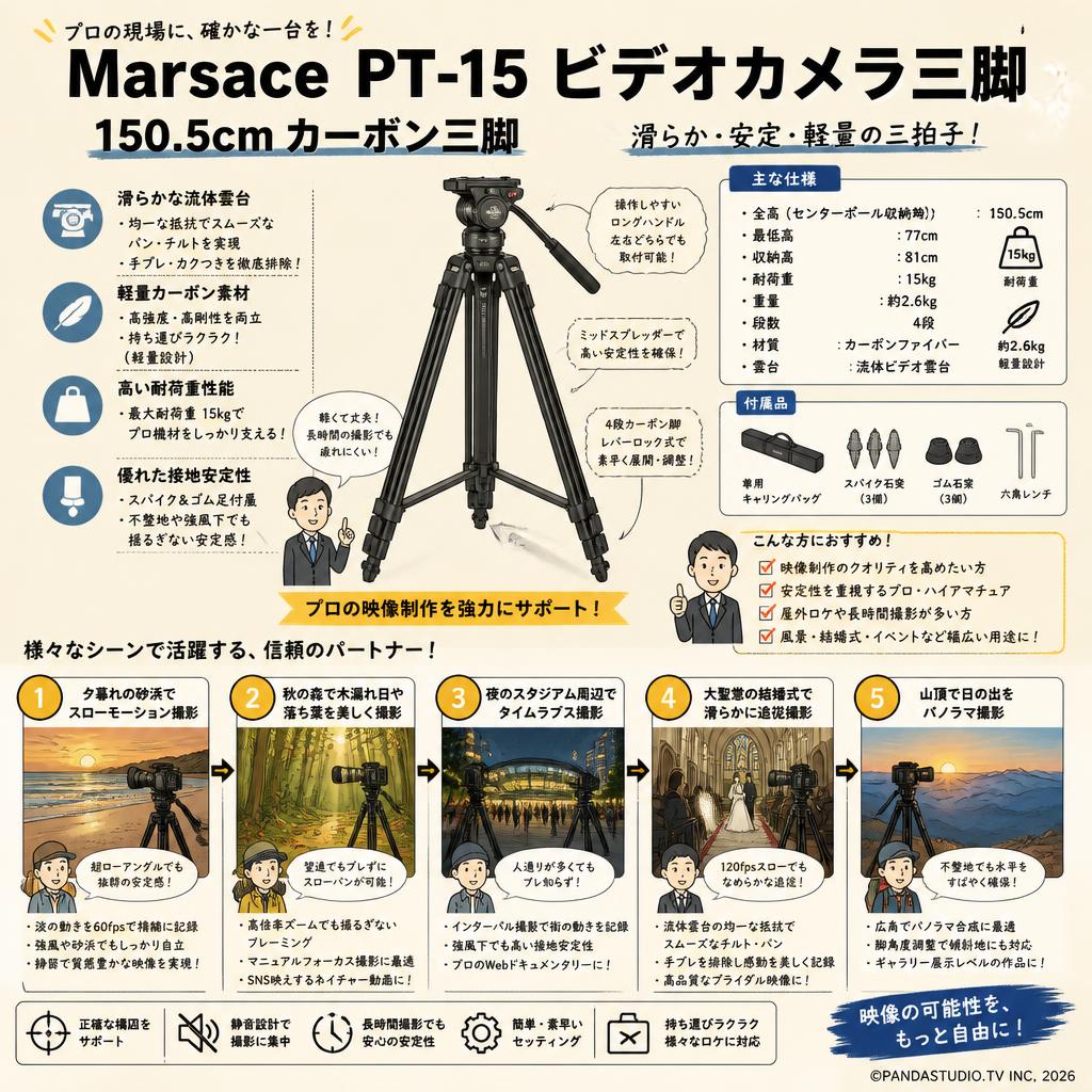 Marsace PT-15 ビデオカメラ三脚  150.5cm カーボン三脚 用途