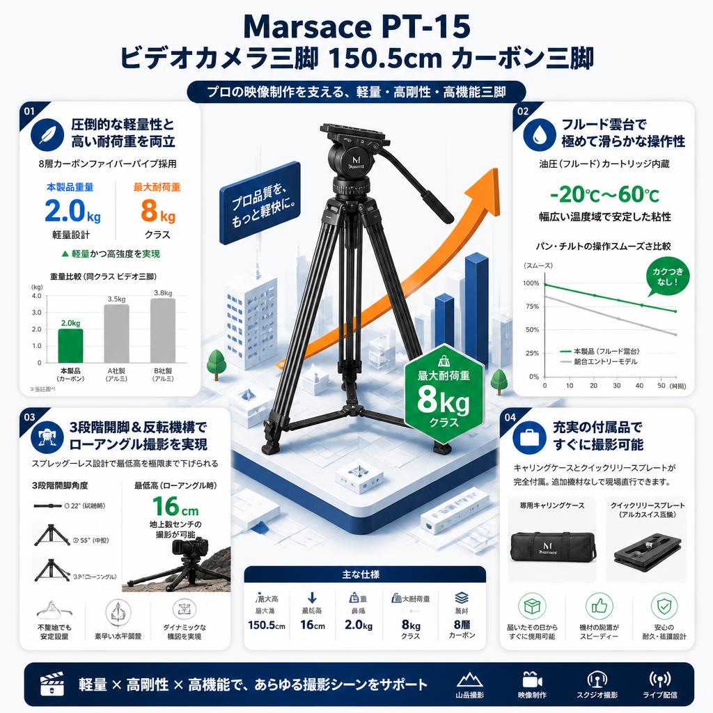 Marsace PT-15 ビデオカメラ三脚  150.5cm カーボン三脚 セールスポイント
