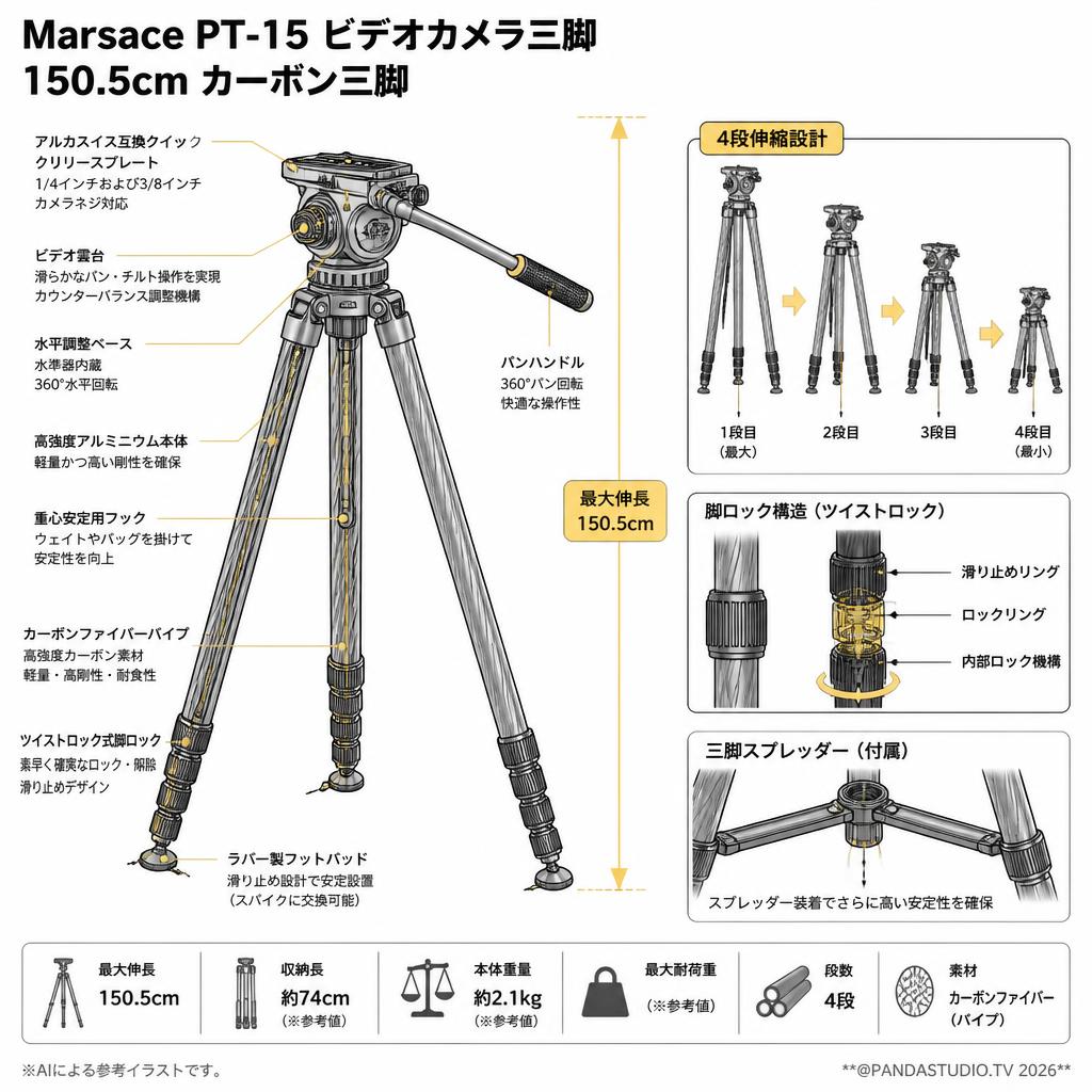 Marsace PT-15 ビデオカメラ三脚  150.5cm カーボン三脚 スペック