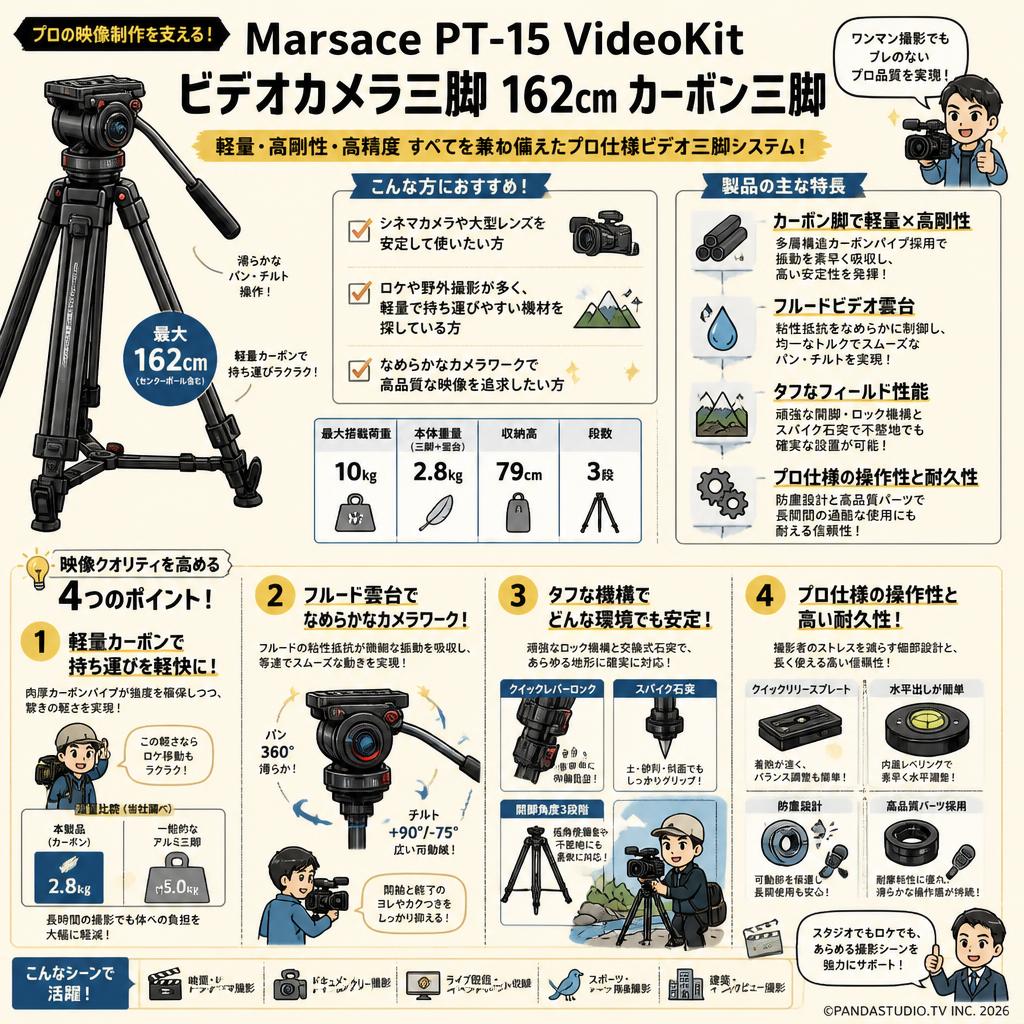 Marsace PT-15 VideoKit ビデオカメラ三脚  162cm カーボン三脚 概要
