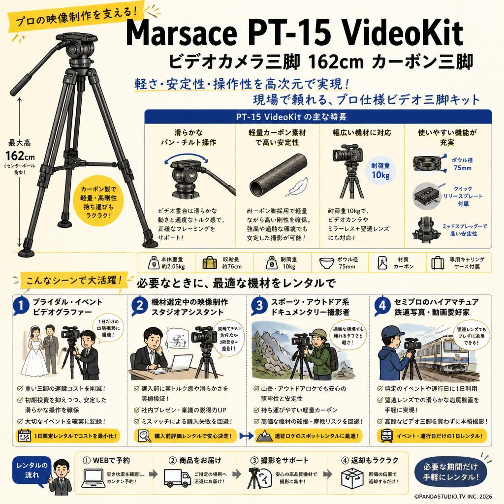 Marsace PT-15 VideoKit ビデオカメラ三脚  162cm カーボン三脚 おもな対象のお客様