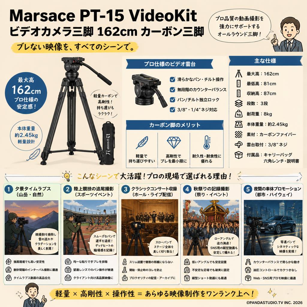 Marsace PT-15 VideoKit ビデオカメラ三脚  162cm カーボン三脚 用途