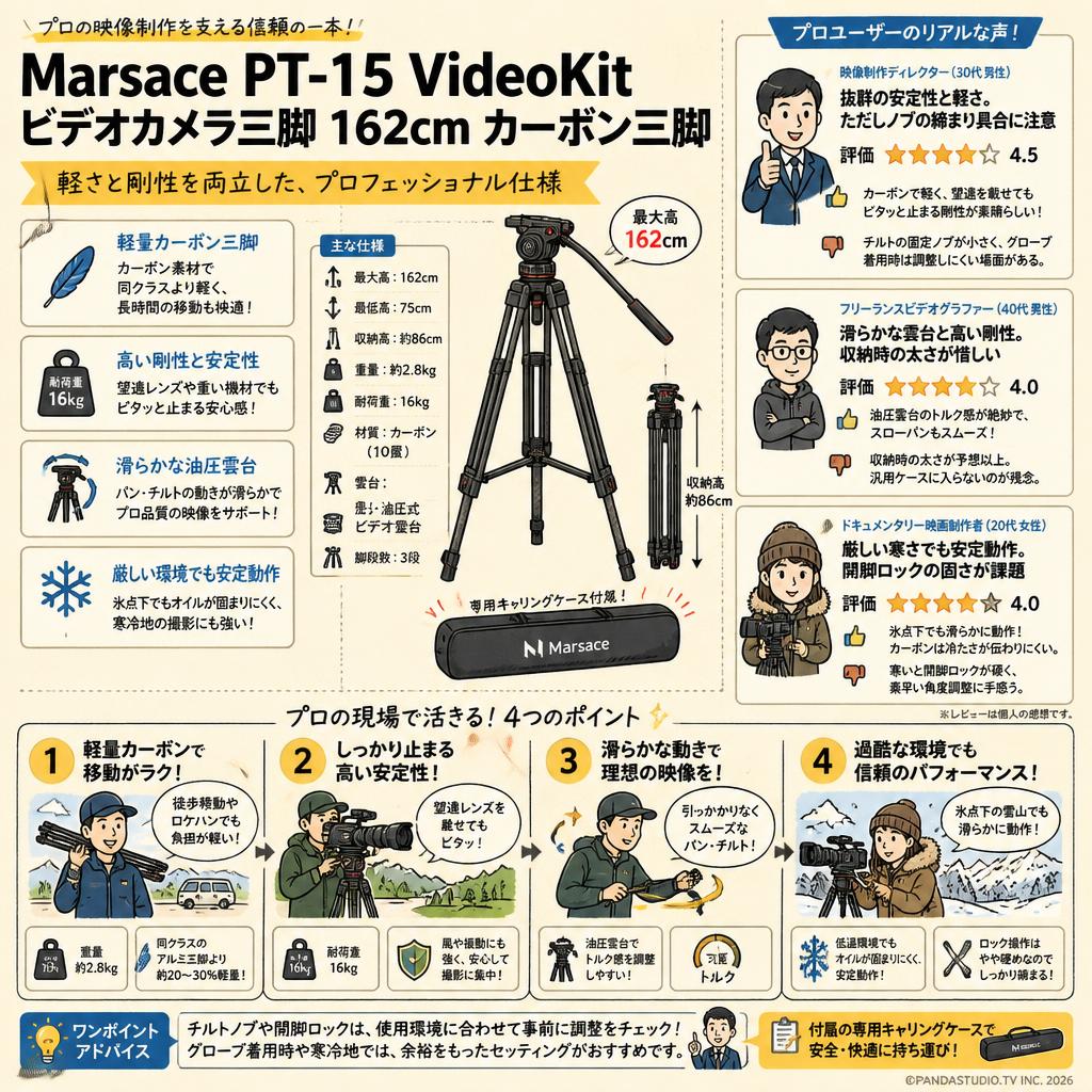 Marsace PT-15 VideoKit ビデオカメラ三脚  162cm カーボン三脚 インターネット上のお客様の声（評判）