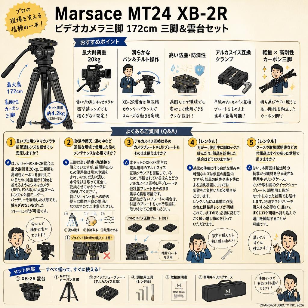 Marsace MT24 XB-2R ビデオカメラ三脚  172cm 三脚＆雲台セット FAQ（よくある質問と答え）
