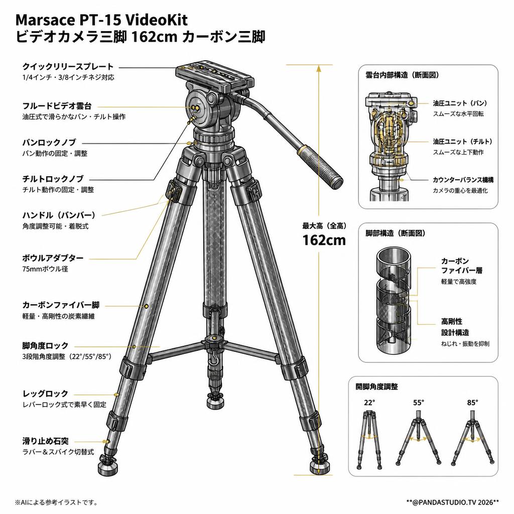 Marsace PT-15 VideoKit ビデオカメラ三脚  162cm カーボン三脚 スペック